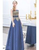 Strapless Navy Blue With Gold Embroidery Prom Dress With Sash