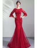 Burgundy Red Mermaid Wedding Party Dress With 3/4 Sleeves Embroidery