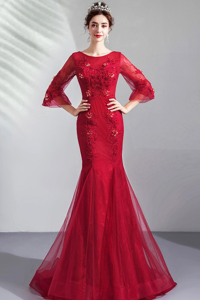Burgundy Red Mermaid Wedding Party Dress With 3/4 Sleeves Embroidery ...