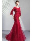 Burgundy Red Mermaid Wedding Party Dress With 3/4 Sleeves Embroidery