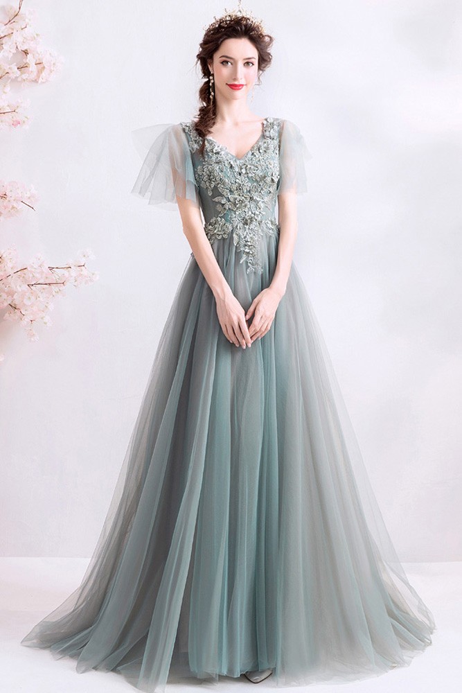 Special Sage Green Aline Tulle Beaded Prom Dress With Puffy Sleeves ...