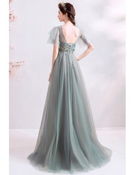 Special Sage Green Aline Tulle Beaded Prom Dress With Puffy Sleeves
