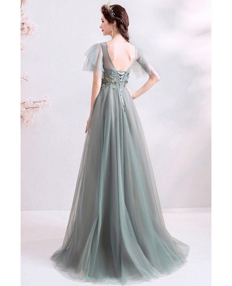 Special Sage Green Aline Tulle Beaded Prom Dress With Puffy Sleeves ...