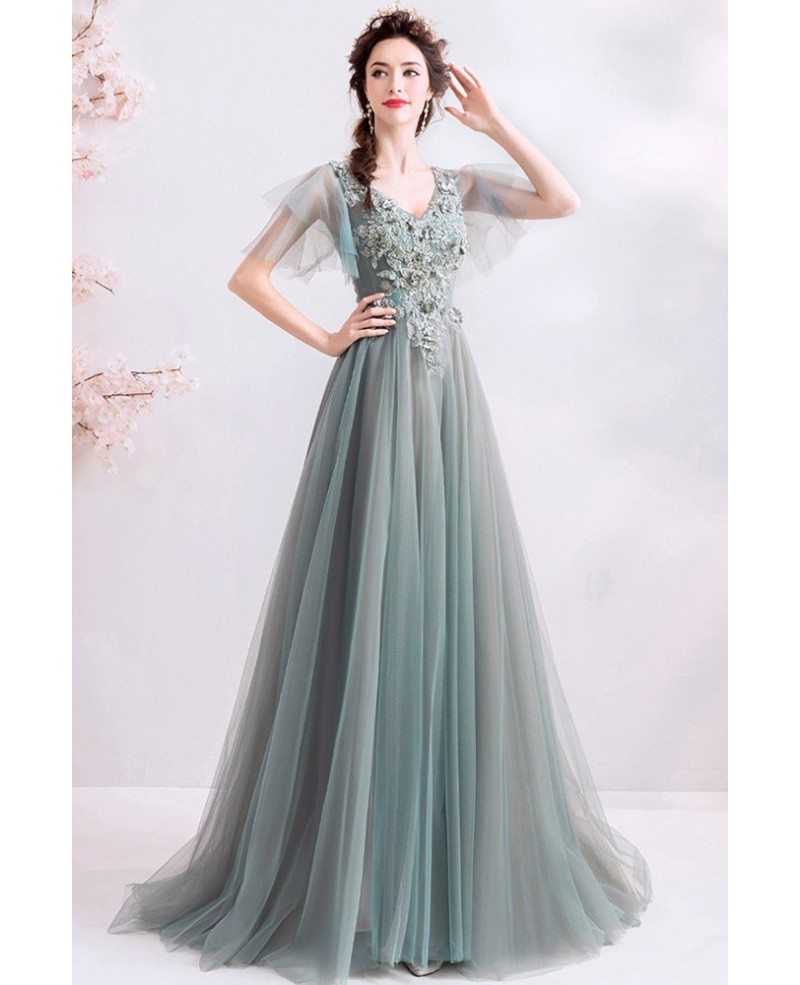 Sage Green Ankle Length Lace Prom Dress with Bubble Sleeves