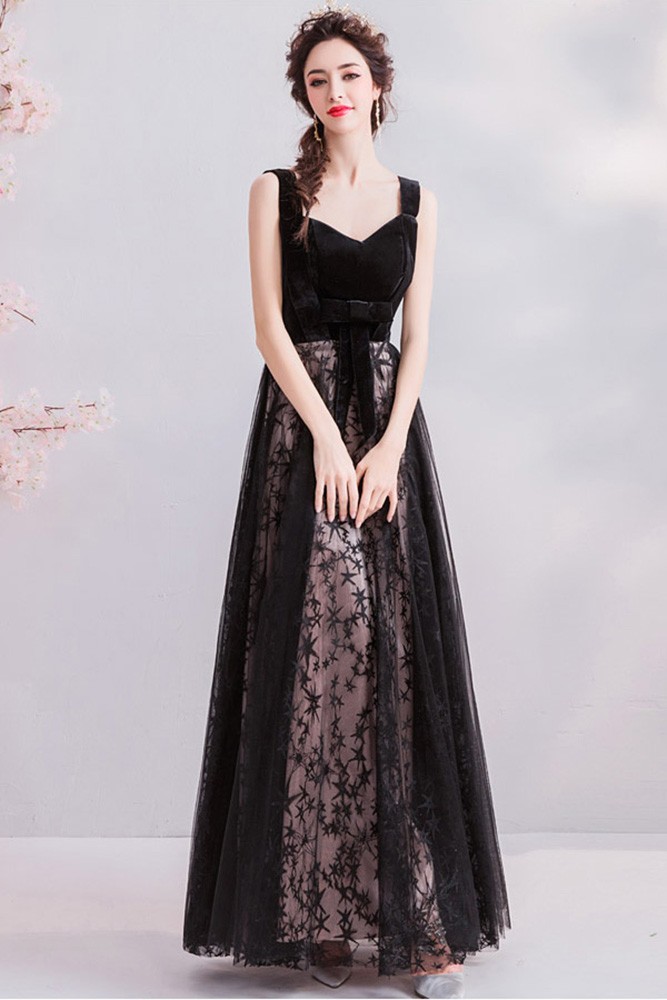 Long Black Tulle Star Lace Prom Party Dress With Straps Sash Wholesale ...