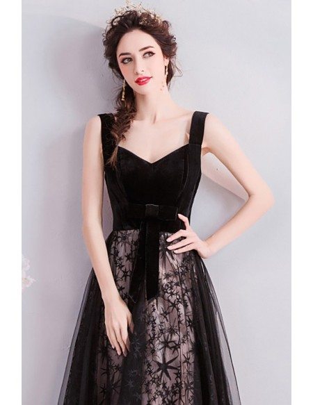 Long Black Tulle Star Lace Prom Party Dress With Straps Sash