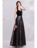 Long Black Tulle Star Lace Prom Party Dress With Straps Sash