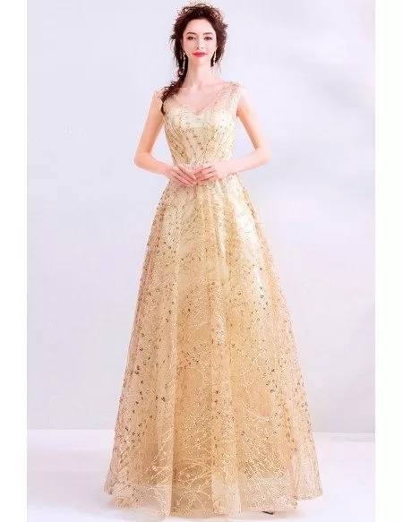 Sparkly Gold Aline Long Prom Dress Vneck With Bling Sequins
