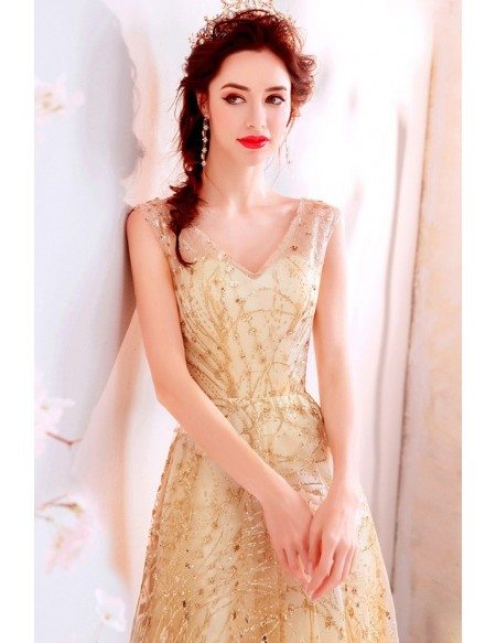 Sparkly Gold Aline Long Prom Dress Vneck With Bling Sequins