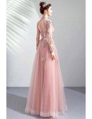 Special Pink High Neck Long Sleeve Prom Party Dress With Sheer Top