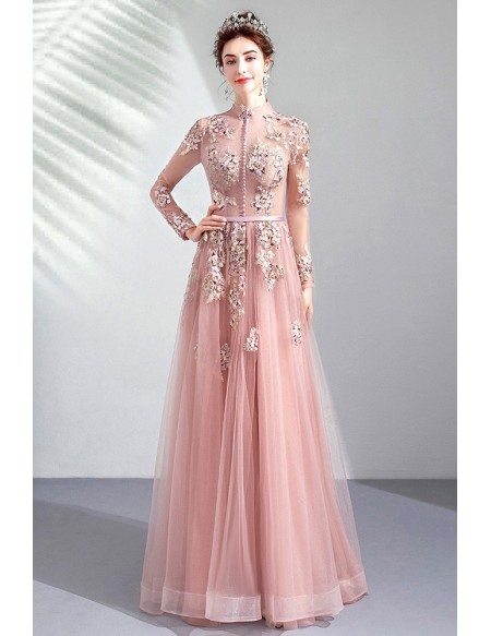 Special Pink High Neck Long Sleeve Prom Party Dress With Sheer Top