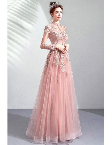 Special Pink High Neck Long Sleeve Prom Party Dress With Sheer Top ...