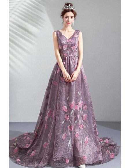 Romantic Roses Purple Tulle Vneck Prom Dress With Train