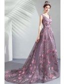 Romantic Roses Purple Tulle Vneck Prom Dress With Train