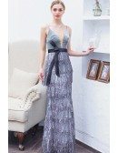 Silver Sequin Tassels Long Party Dress Vneck With Sash Straps