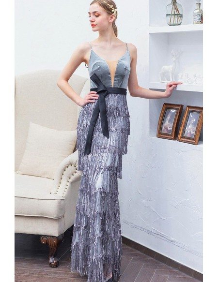 Silver Sequin Tassels Long Party Dress Vneck With Sash Straps