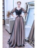 Elegant Black Tulle Long Prom Dress With Bubble Half Sleeves