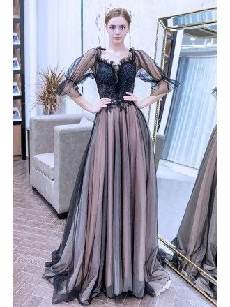 Elegant Black Tulle Long Prom Dress With Bubble Half Sleeves