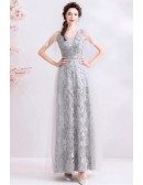 Elegant Long Grey Lace Vneck Formal Party Dress With Puffy Sleeves