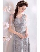 Elegant Long Grey Lace Vneck Formal Party Dress With Puffy Sleeves