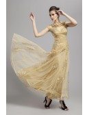 Special Champagne A-Line Tulle Long Dress With Appliques Lace