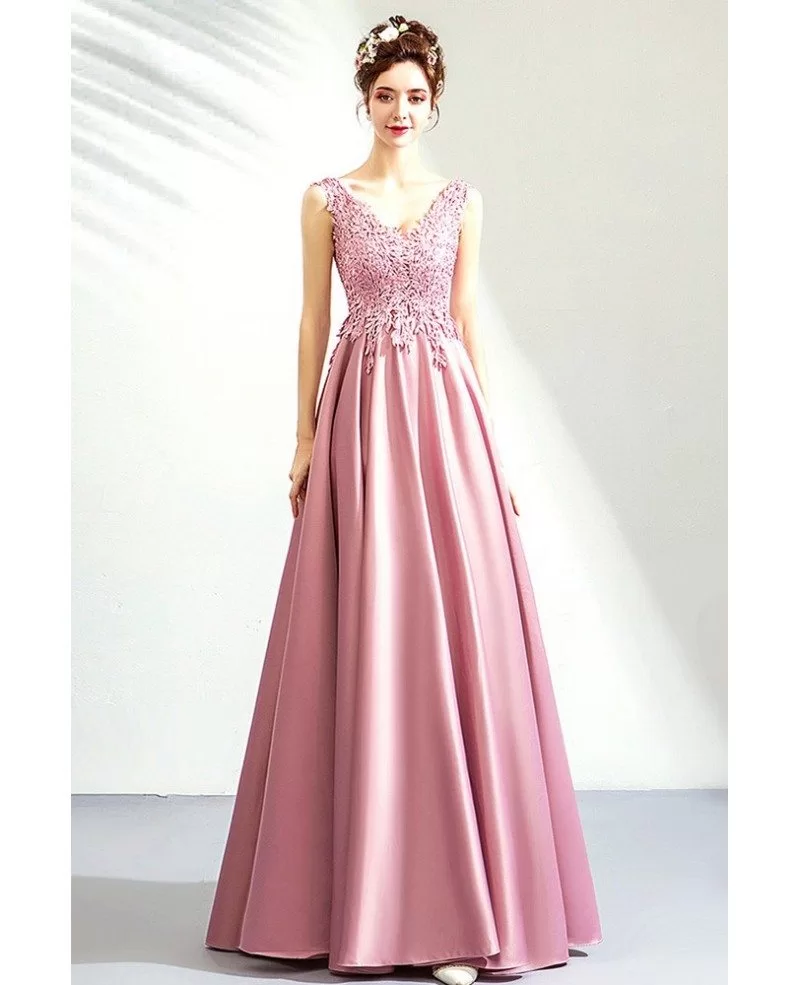 Rose Pink Satin Lace Top Long Party Prom Dress Vneck Sleeveless ...