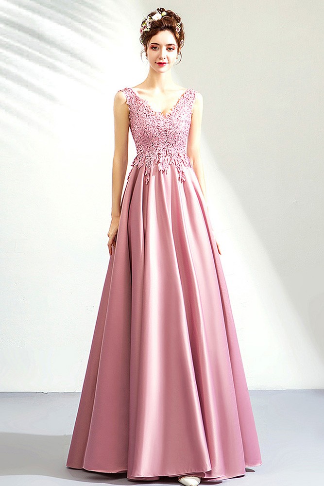 Rose Pink Satin Lace Top Long Party Prom Dress Vneck Sleeveless ...