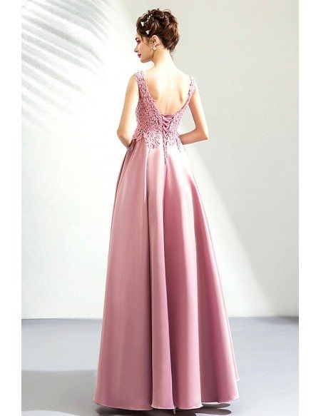 Rose Pink Satin Lace Top Long Party Prom Dress Vneck Sleeveless