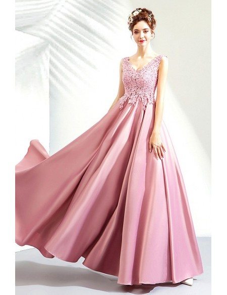 Rose Pink Satin Lace Top Long Party Prom Dress Vneck Sleeveless