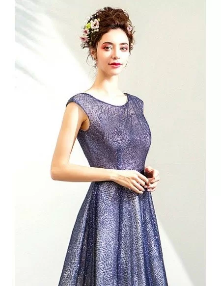 Bling Sparkly Blue Long Prom Party Dress With Modest Round Neck