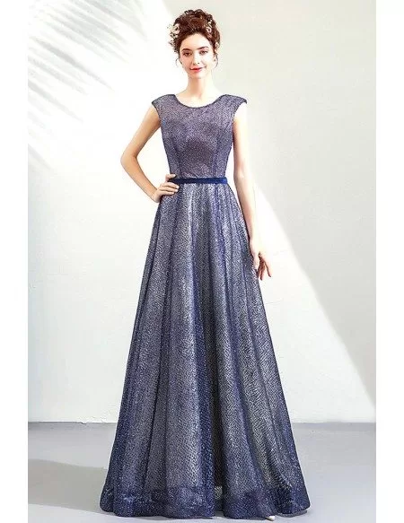Bling Sparkly Blue Long Prom Party Dress With Modest Round Neck