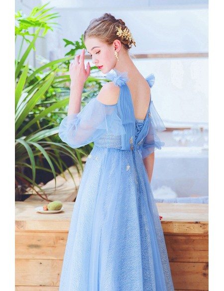 Fairy Blue Lace Prom Dress With Leaf Cold Shoulder Sleeves