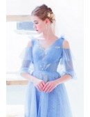 Fairy Blue Lace Prom Dress With Leaf Cold Shoulder Sleeves