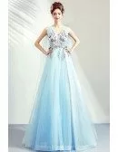 Dreamy Light Blue Aline Tulle Prom Dress Vneck With Cape