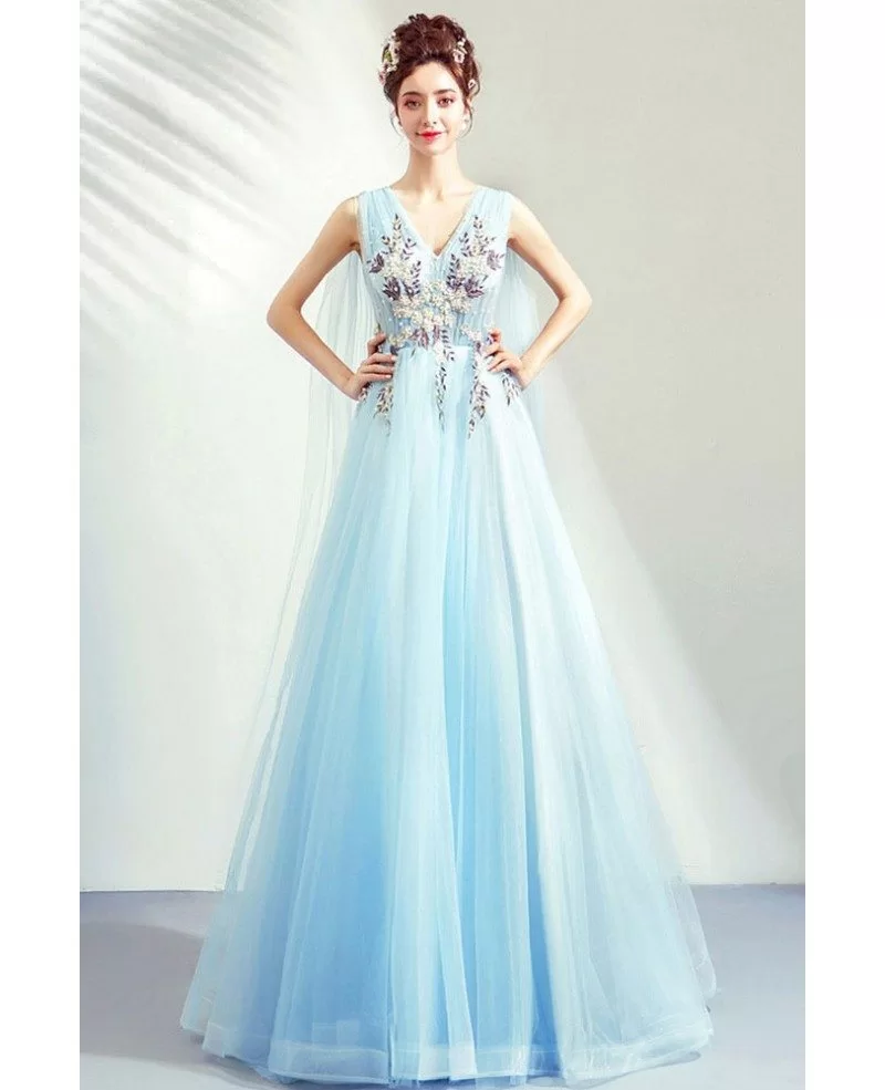 Dreamy Light Blue Aline Tulle Prom Dress Vneck With Cape Wholesale # ...