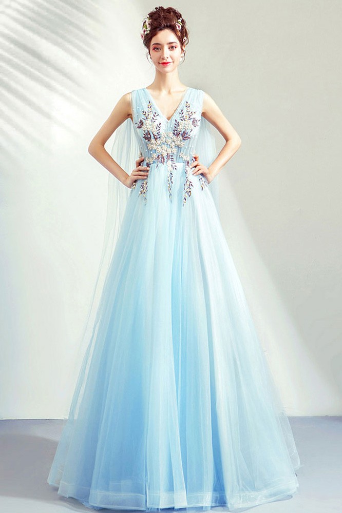 Dreamy Light Blue Aline Tulle Prom Dress Vneck With Cape Wholesale # ...