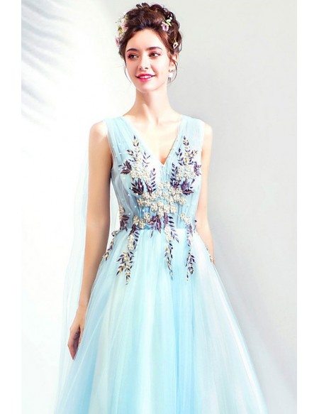 Dreamy Light Blue Aline Tulle Prom Dress Vneck With Cape
