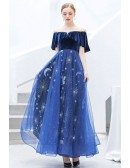 Royal Blue Shining Star Prom Party Dress With Off Shoulder Sleeves