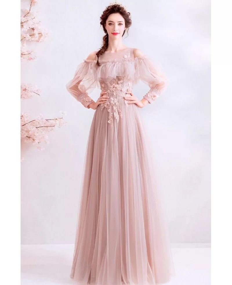 Dusty Pink Aline Tulle Fairy Long Sleeve Prom Dress With Beaded Flowers ...