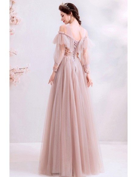 Dusty Pink Aline Tulle Fairy Long Sleeve Prom Dress With Beaded Flowers