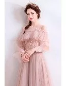 Dusty Pink Aline Tulle Fairy Long Sleeve Prom Dress With Beaded Flowers