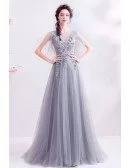 Formal Long Grey Tulle Prom Dress With Puffy Tulle Sleeves