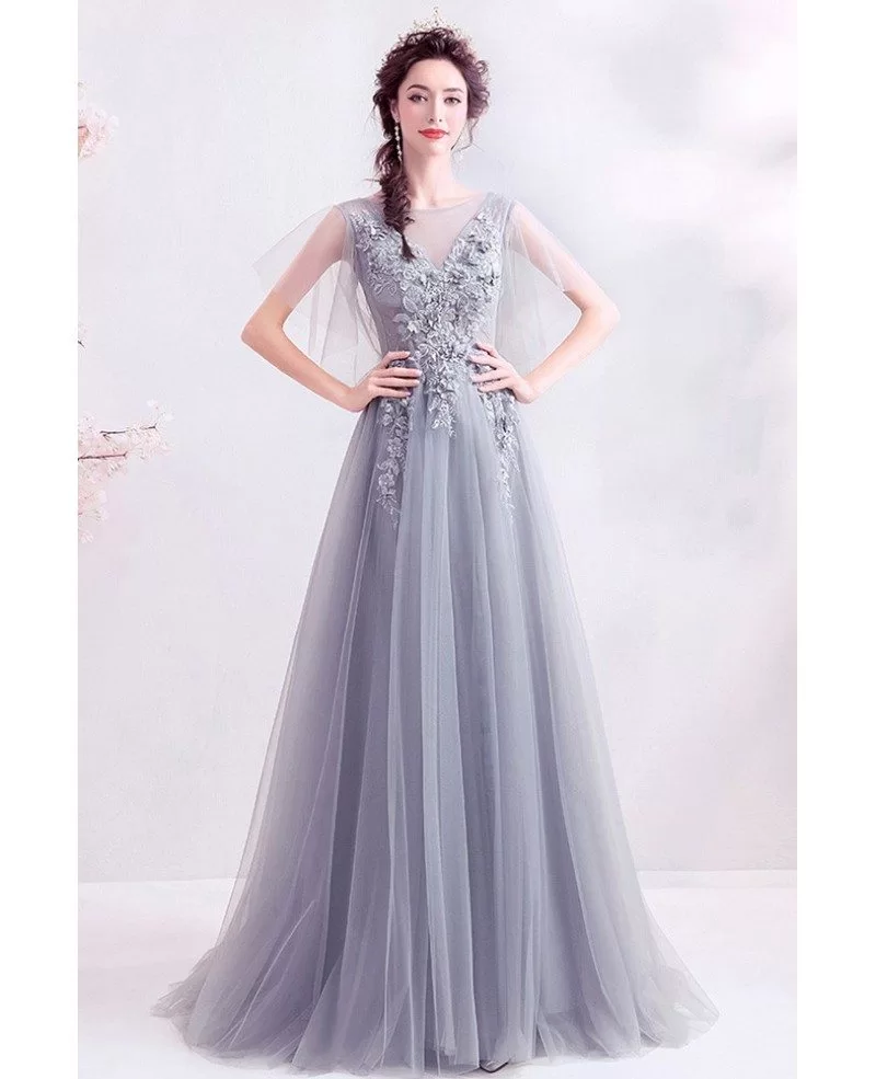 Formal Long Grey Tulle Prom Dress With Puffy Tulle Sleeves Wholesale T79046 