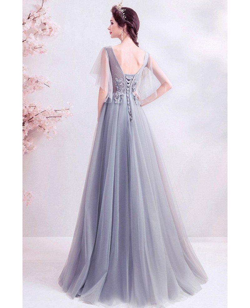 Formal Long Grey Tulle Prom Dress With Puffy Tulle Sleeves Wholesale # ...