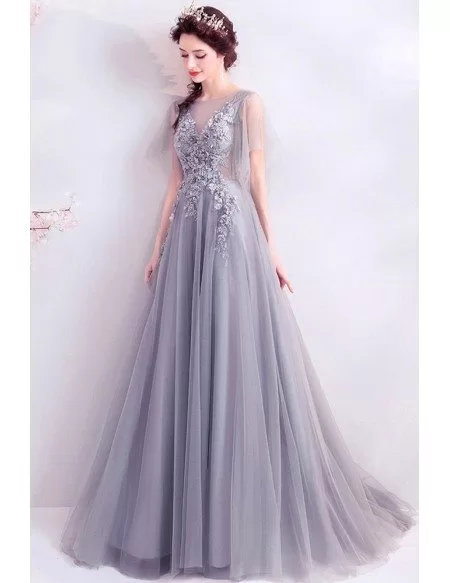 Formal Long Grey Tulle Prom Dress With Puffy Tulle Sleeves