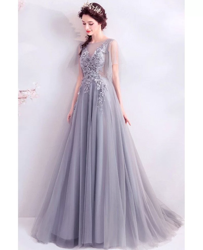 Formal Long Grey Tulle Prom Dress With Puffy Tulle Sleeves Wholesale # ...