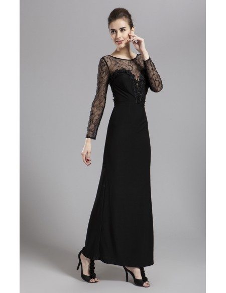 Modest Sheath Black Chiffon Lace Evening Dress With Long Sleeves