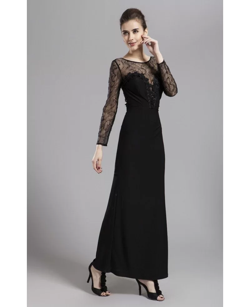 Modest Sheath Black Chiffon Lace Evening Dress With Long Sleeves #CK159 ...
