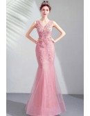 Fitted Mermaid Tulle Vneck Prom Party Dress Sleeveless With Beading