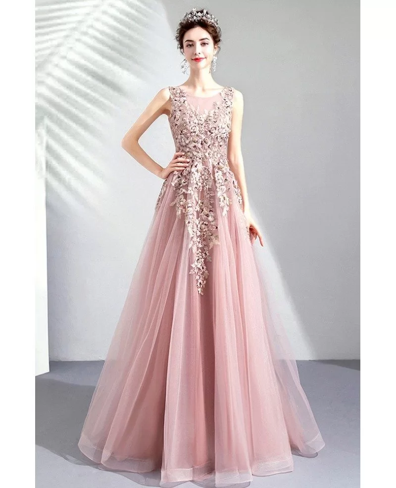Stunning Beaded Embroidery Aline Tulle Pink Prom Dress Sleeveless ...